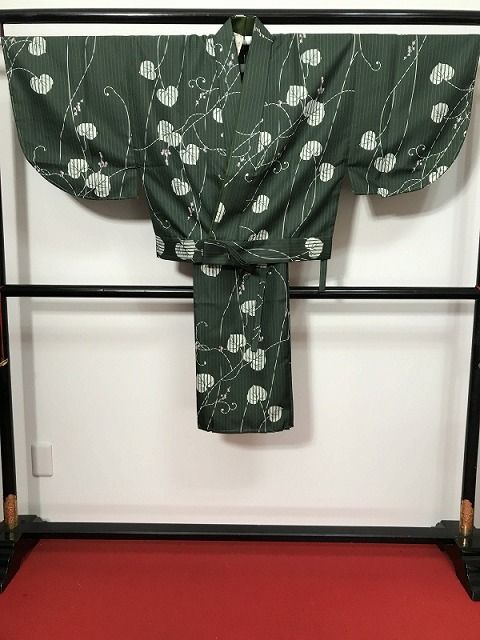 年末年始クーポン Fサイズ 二部式着物 化繊 小紋 グリーン地に葵模様