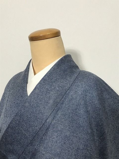 BLサイズ 化繊 小紋 青地に鮫小紋柄江戸小紋