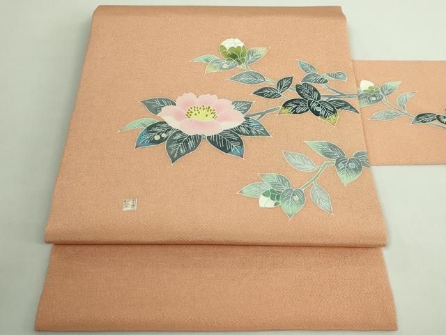 平和屋着物○極上 人間国宝・羽田登喜男 九寸名古屋帯 枝花文 伽羅色地