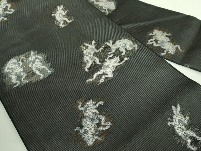 平和屋着物＊ 上 夏物 九寸名古屋帯 鳥獣戯画 黒地 金糸 ♥ kh 6