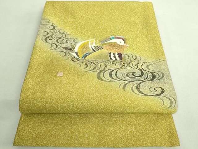 平和屋着物○極上 人間国宝・羽田登喜男 綴れ 太鼓柄袋帯 鴛鴦 金彩 銀