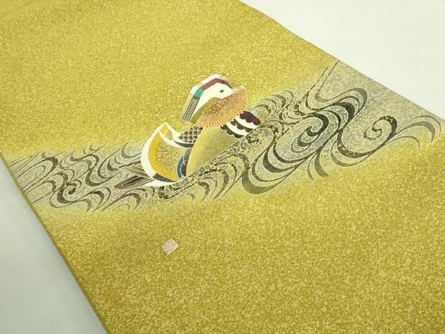 平和屋着物● 上 人間国宝 羽田登喜男 綴れ 太鼓柄袋帯 鴛鴦 金彩 銀通し地 kh 6