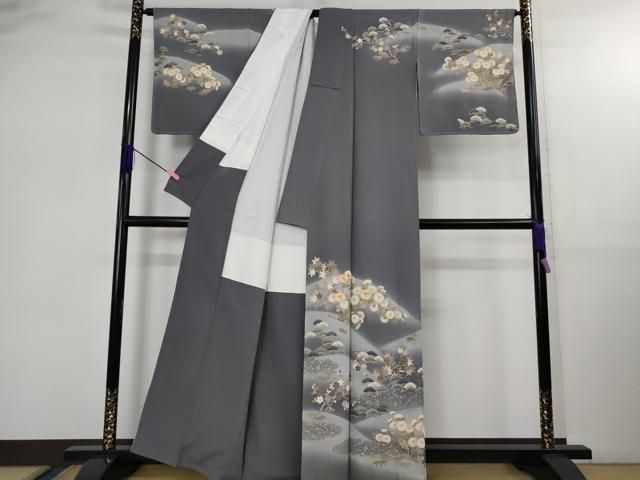 平和屋着物● 上 訪問着 駒刺繍 吉祥花文 薄い鉄御納戸色地 暈し染め 金彩 反端付き kh 6