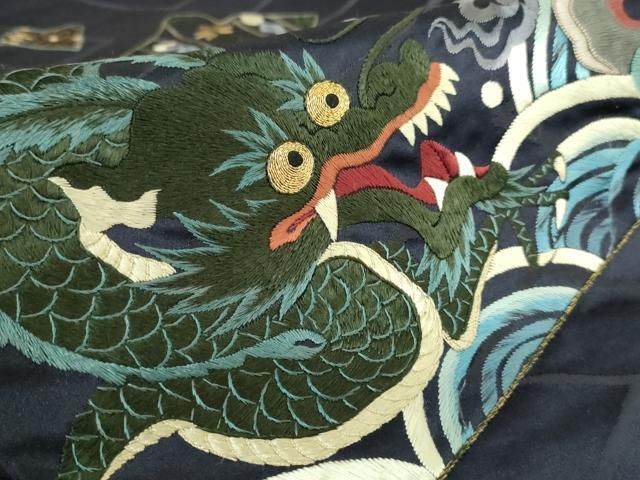  平和屋着物● 上 アンティーク 大正ロマン 九寸名古屋帯 引き抜き帯 総手刺繍 龍 宝尽くし 金糸 kh 6 名古屋帯 帯