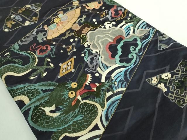 平和屋着物● 上 アンティーク 大正ロマン 九寸名古屋帯 引き抜き帯 総手刺繍 龍 宝尽くし 金糸 kh 6