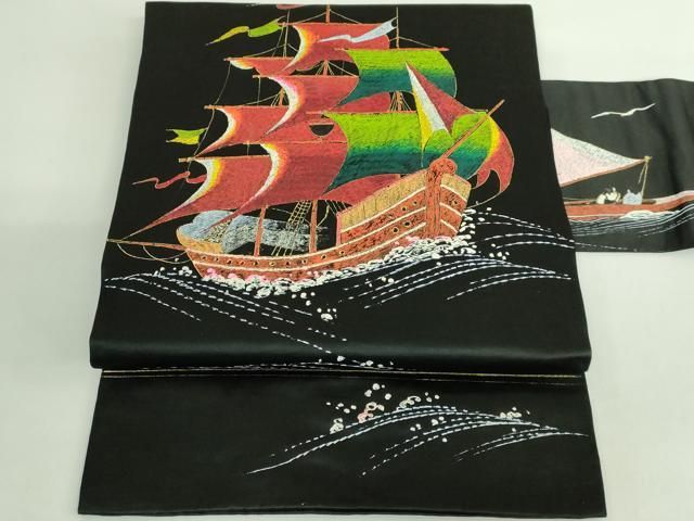 平和屋着物● 上 アンティーク 大正ロマン 九寸名古屋帯 手描き 船 黒地 kh 6