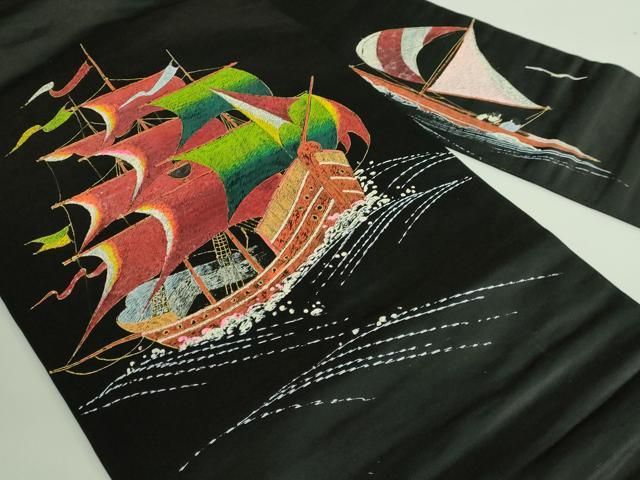 平和屋着物● 上 アンティーク 大正ロマン 九寸名古屋帯 手描き 船 黒地 kh 6