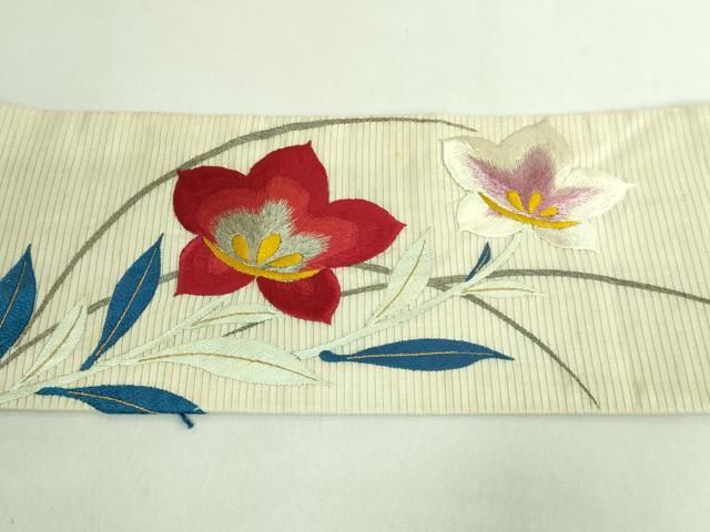  平和屋着物● 上 アンティーク 大正ロマン 九寸名古屋帯 総手刺繍 草花文 銀糸 kh 6 名古屋帯 帯