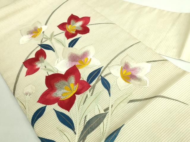 平和屋着物● 上 アンティーク 大正ロマン 九寸名古屋帯 総手刺繍 草花文 銀糸 kh 6