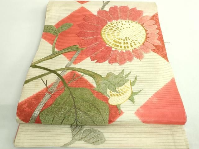 平和屋着物＊ 上 夏物 アンティーク 大正ロマン 両面 太鼓柄 京袋帯 総手刺繍 向日葵 銀糸 kh 6