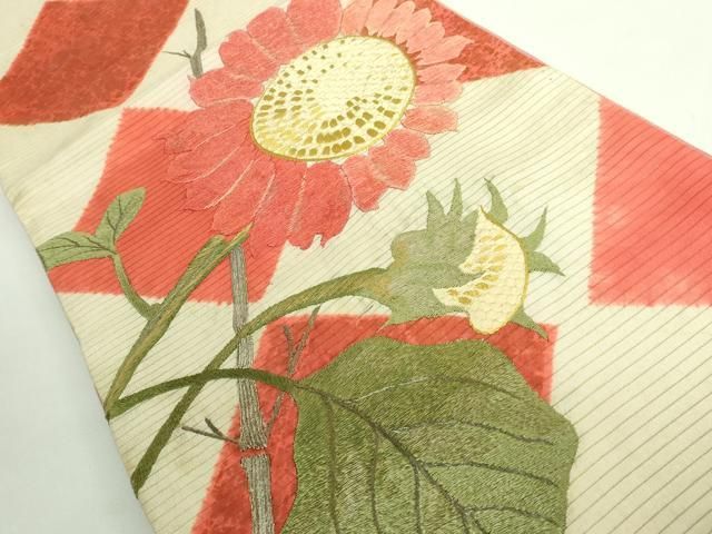 平和屋着物＊ 上 夏物 アンティーク 大正ロマン 両面 太鼓柄 京袋帯 総手刺繍 向日葵 銀糸 kh 6