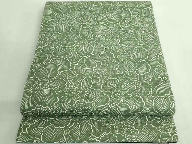  平和屋着物● 上 両方向 両面 全通柄袋帯 型染め 草花文 葉尽くし 南天蔦の葉 黒地 kh 6 袋帯 帯