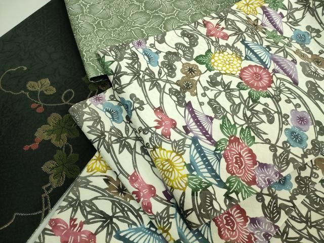 平和屋着物● 上 両方向 両面 全通柄袋帯 型染め 草花文 葉尽くし 南天蔦の葉 黒地 kh 6