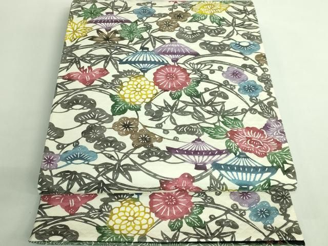 平和屋着物● 上 両方向 両面 全通柄袋帯 型染め 草花文 葉尽くし 南天蔦の葉 黒地 kh 6