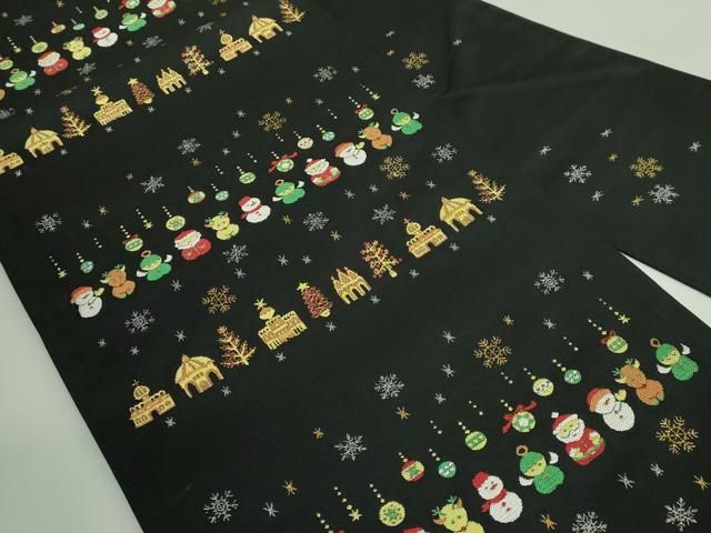 平和屋着物● 上 九寸名古屋帯 サンタクロース トナカイ 雪だるま オーナメント 黒地 金銀糸 証紙付き kh 6