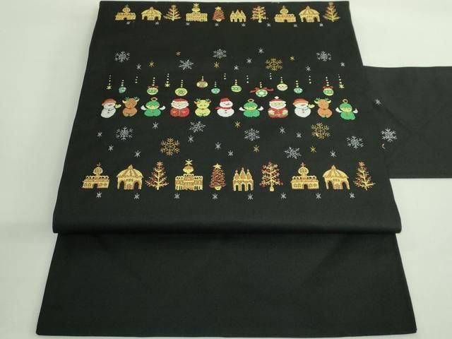 平和屋着物● 上 九寸名古屋帯 サンタクロース トナカイ 雪だるま オーナメント 黒地 金銀糸 証紙付き kh 6