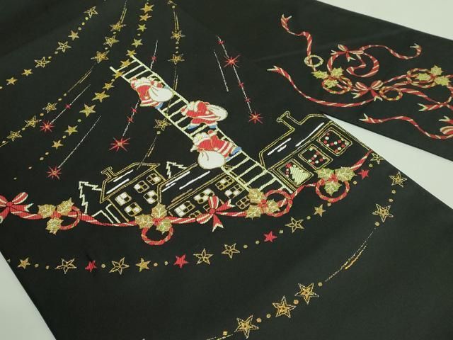 平和屋着物● 上 九寸名古屋帯 サンタクロース 黒地 金銀糸 証紙付き kh 6