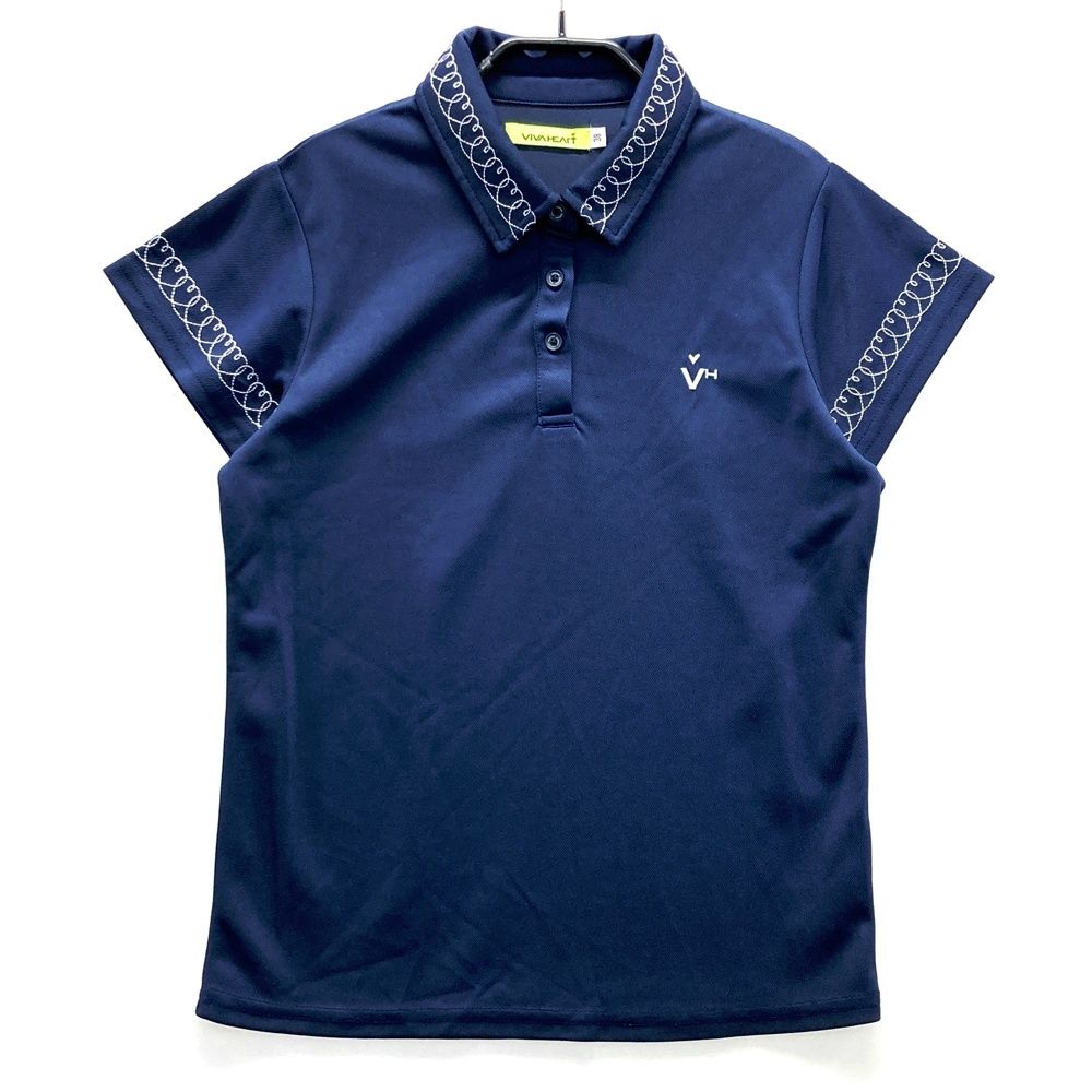 サイズ：38 VIVA HEART ビバハート 襟刺繍 半袖ポロシャツ ネイビー系