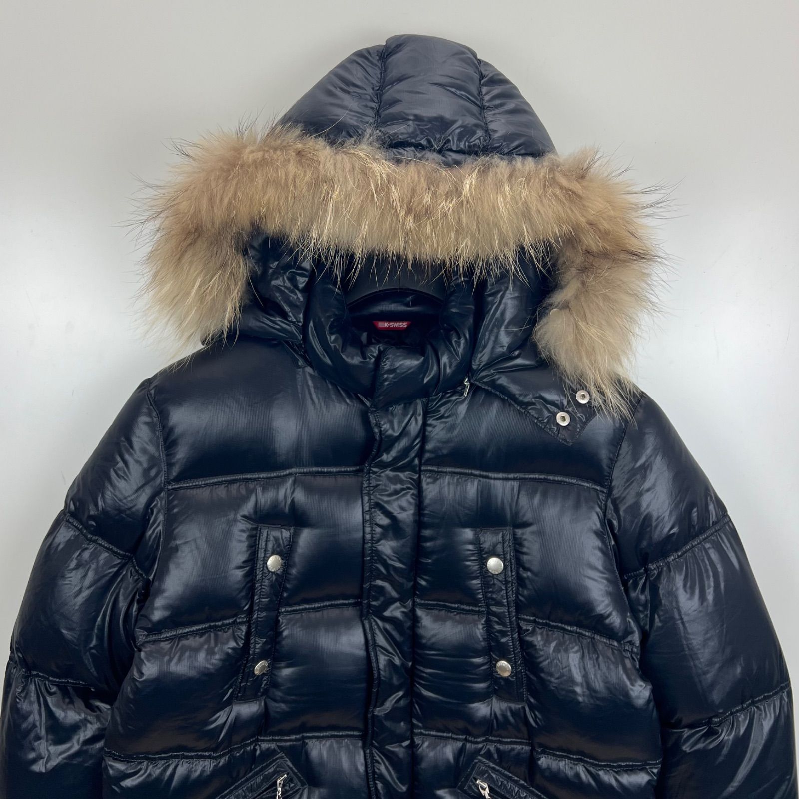 K-SWISS y2k style Fur shiny down jacket L ケースイス ファーフード 