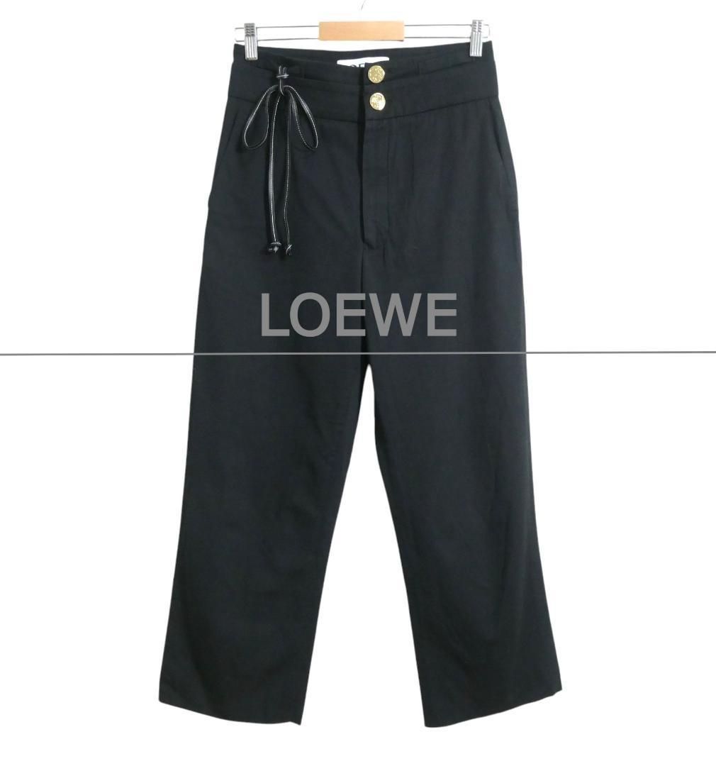 LOEWE ロエベ サイズ36 レザーストラップ アナグラム 金ボタン コットン ストレート パンツ スラックス 黒 ブラック レディース