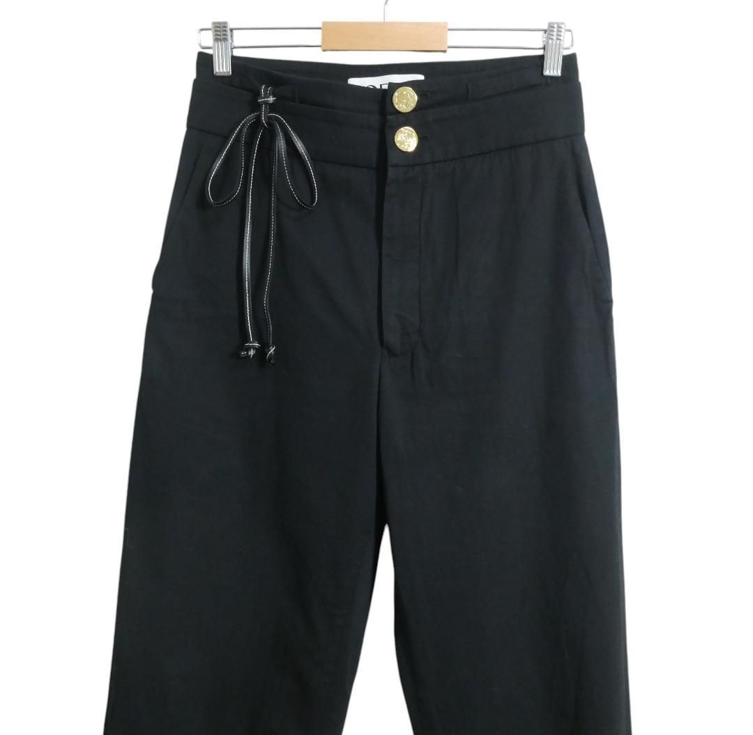 LOEWE ロエベ サイズ36 レザーストラップ アナグラム 金ボタン コットン ストレート パンツ スラックス 黒 ブラック レディース