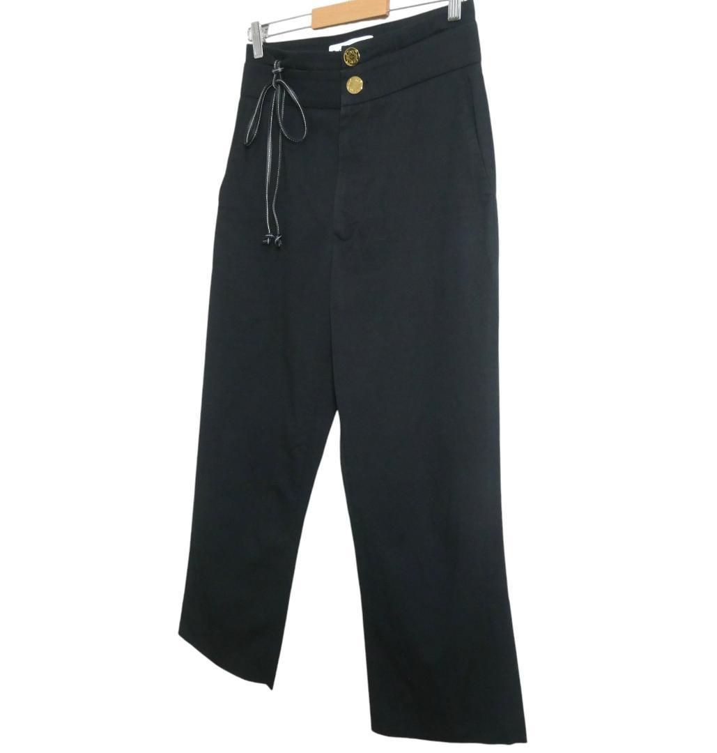  LOEWE ロエベ サイズ36 レザーストラップ アナグラム 金ボタン コットン ストレート パンツ スラックス 黒 ブラック レディース カジュアルパンツ パンツ