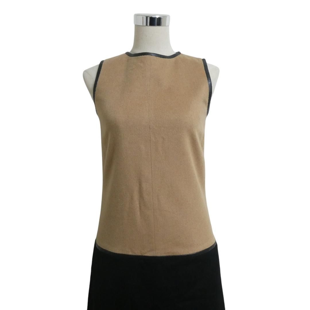 LOEWE ロエベ サイズ38 上質 キャメル100％ レザートリム バイカラー バックファスナー クルーネック 膝丈 ノースリーブ ワンピース ドレス ベージュ系 ブラック