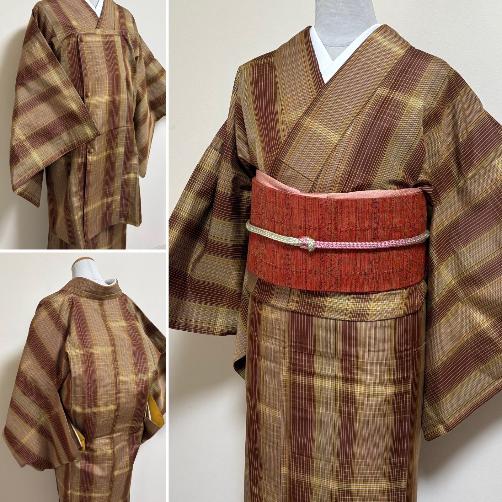 紬アンサンブル・レディス】正絹・袷・茶系・格子柄・道行コートと長着