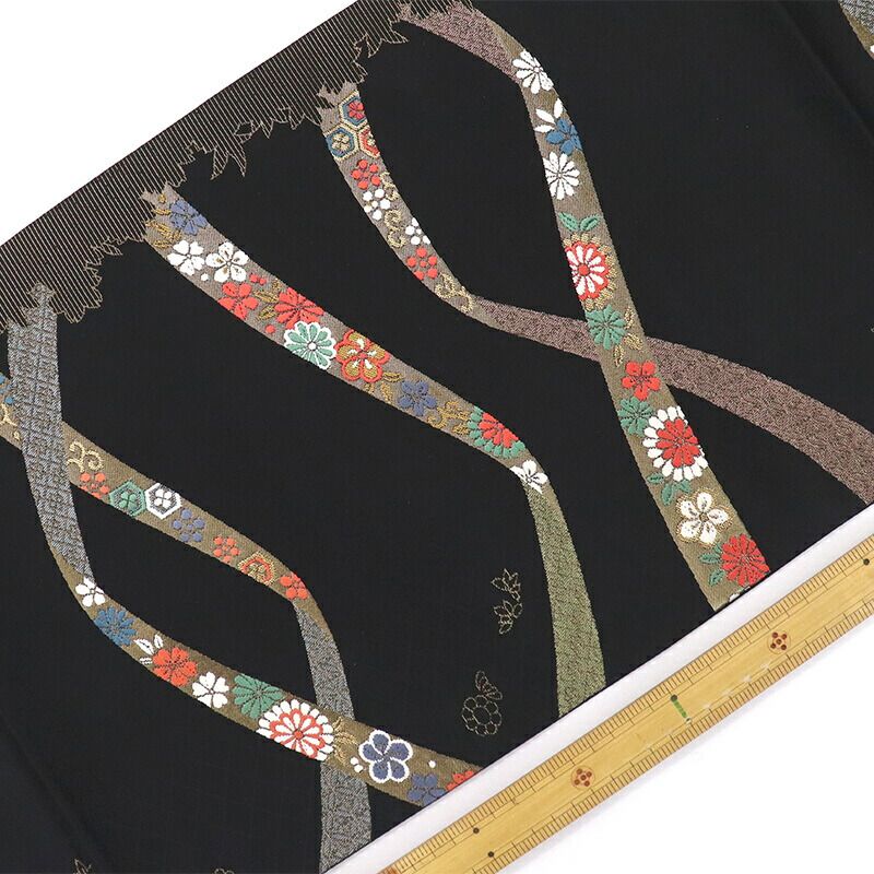 名古屋帯 なごや帯 正絹 六通柄 九寸帯 黒 リボン 菊 亀甲 古典柄 長さ361 cm 幅31 和装 普段使い おしゃれ着向き 着物 仕立て上がり