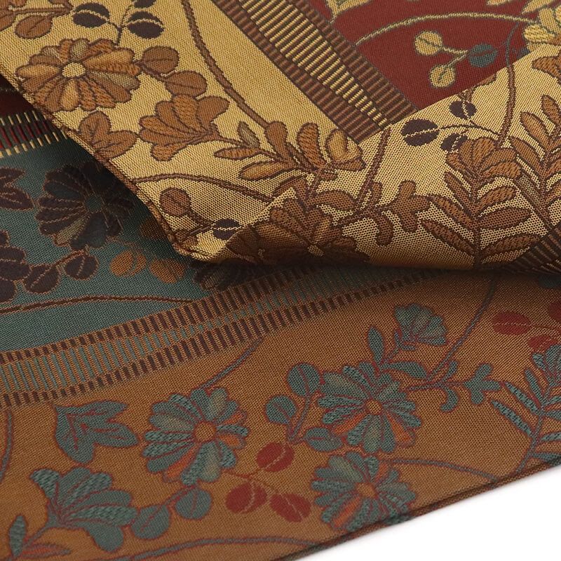 名古屋帯 なごや帯 正絹 全通柄 九寸帯 茶 芥子 シック 菊 萩 秋草文