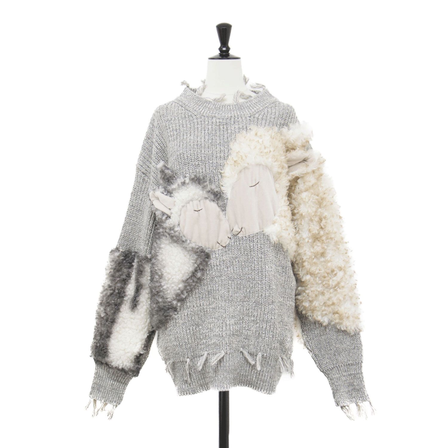EMMA GRAND エマグランド ニット グレー 25秋冬 眠れる仔羊たちのニットセーター アートニット クルーネック オーバーサイズ アニマルモチーフ ユニセックス トップス プルオーバー レディース