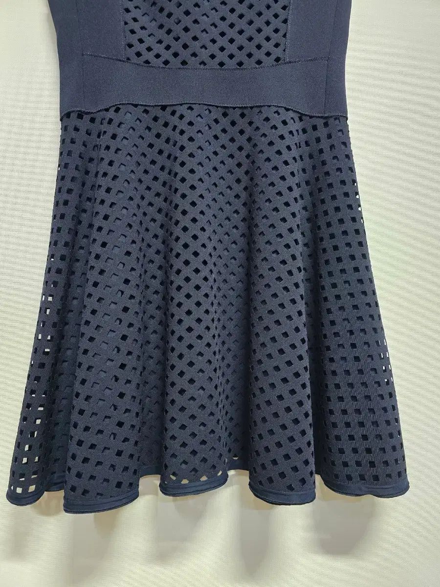  SJSJ ネイビー エンブロイダリー A LINE ONE PIECE 長袖 七分袖 ひざ丈ワンピース