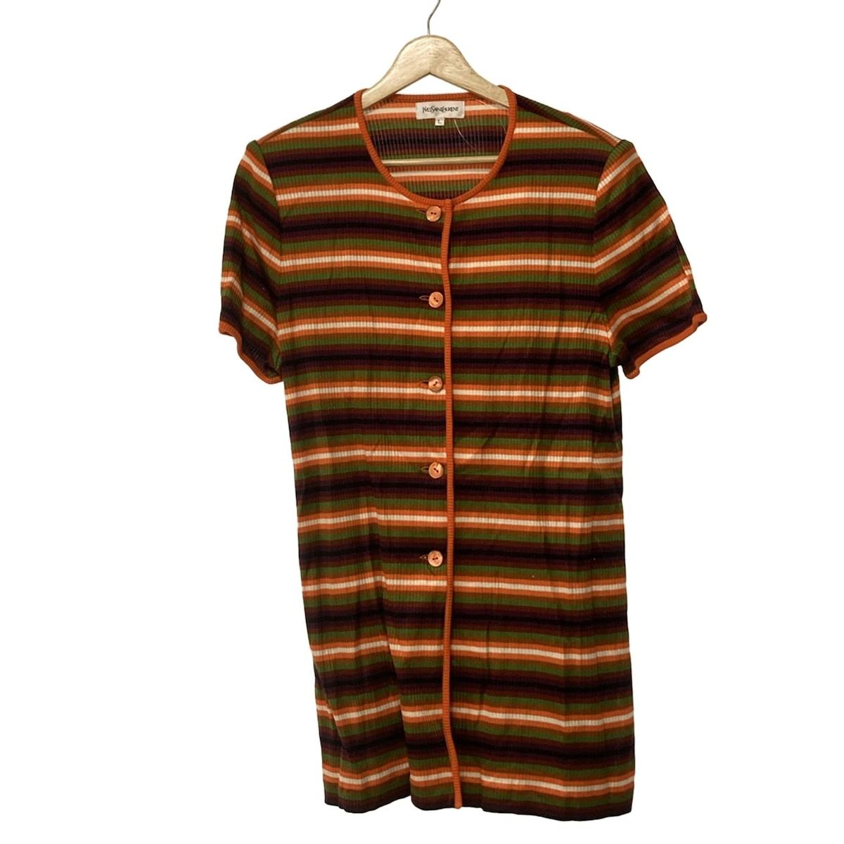 イヴサンローラン カーディガン サイズL レディース オレンジ パープル マルチ 半袖 ボーダー ロング丈 肩パッド