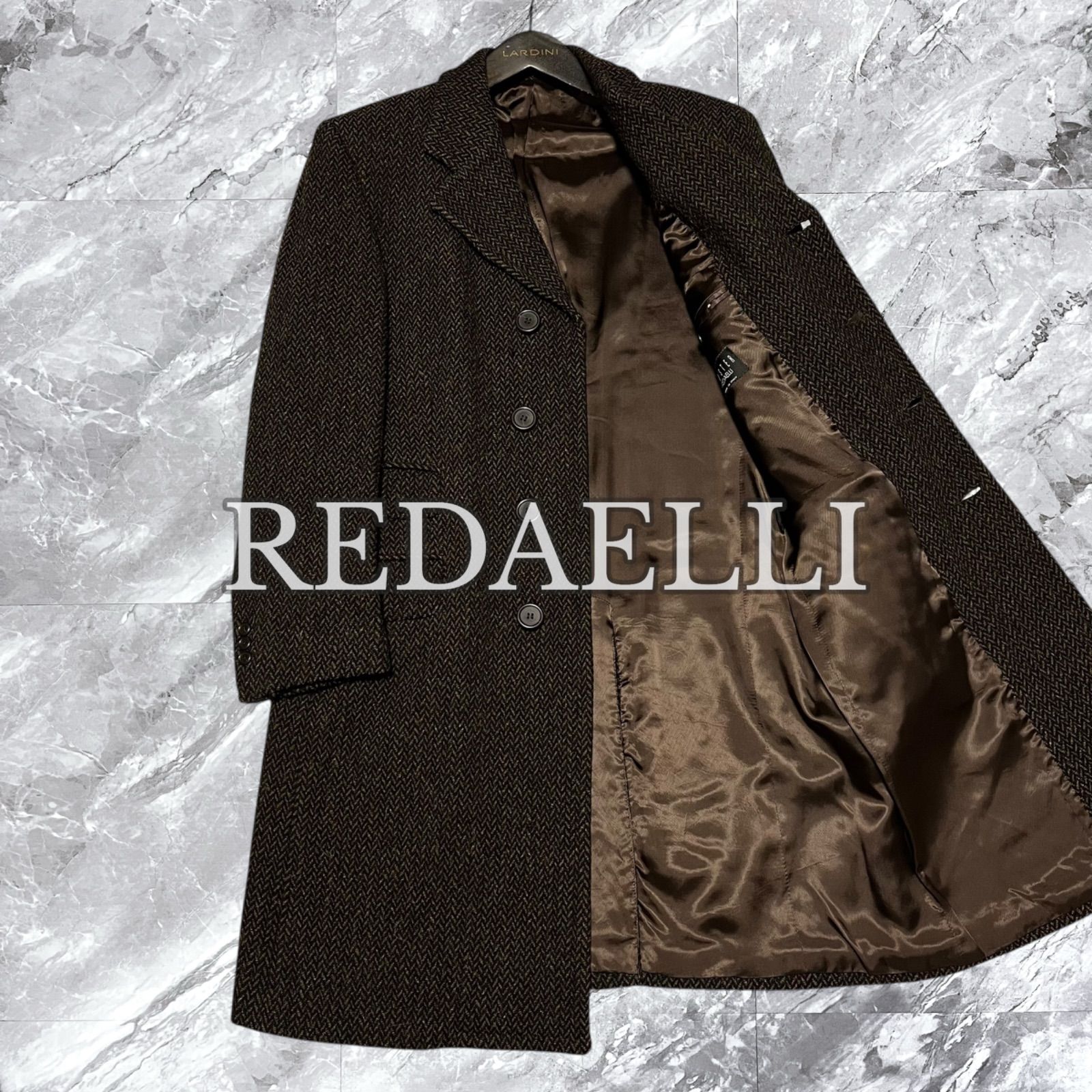 RED STER by レダエリ チェスターコート ロングコート ヘリンボーン ウール モヘア イタリア製 ブラウン 茶色 サイズ48 L相当