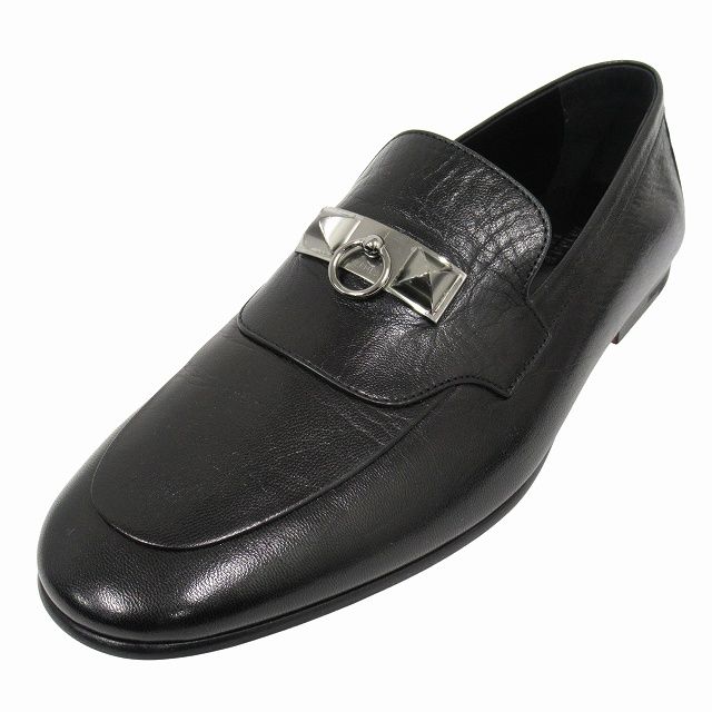 ♥ エルメス HERMES Blaise ブレイス ローファー シューズ スリッポン 革靴 レザー シルバー金具 コリエ ド シアン コリエドシアン サイズ41 A 26 cm 黒 ブラック メンズ 12