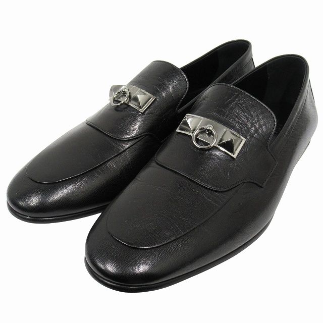  ♥ エルメス HERMES Blaise ブレイス ローファー シューズ スリッポン 革靴 レザー シルバー金具 コリエ ド シアン コリエドシアン サイズ41 A 26 cm 黒 ブラック メンズ 12 その他 靴