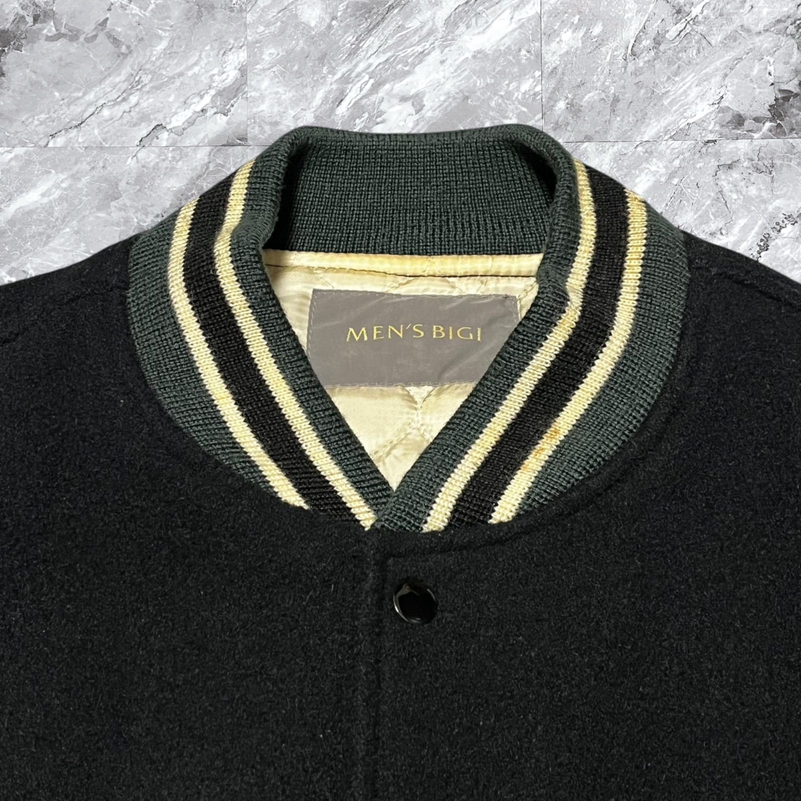 Men's Bigi スタジャン L 刺繍 レザー袖 牛革 ウール ブラック 黒