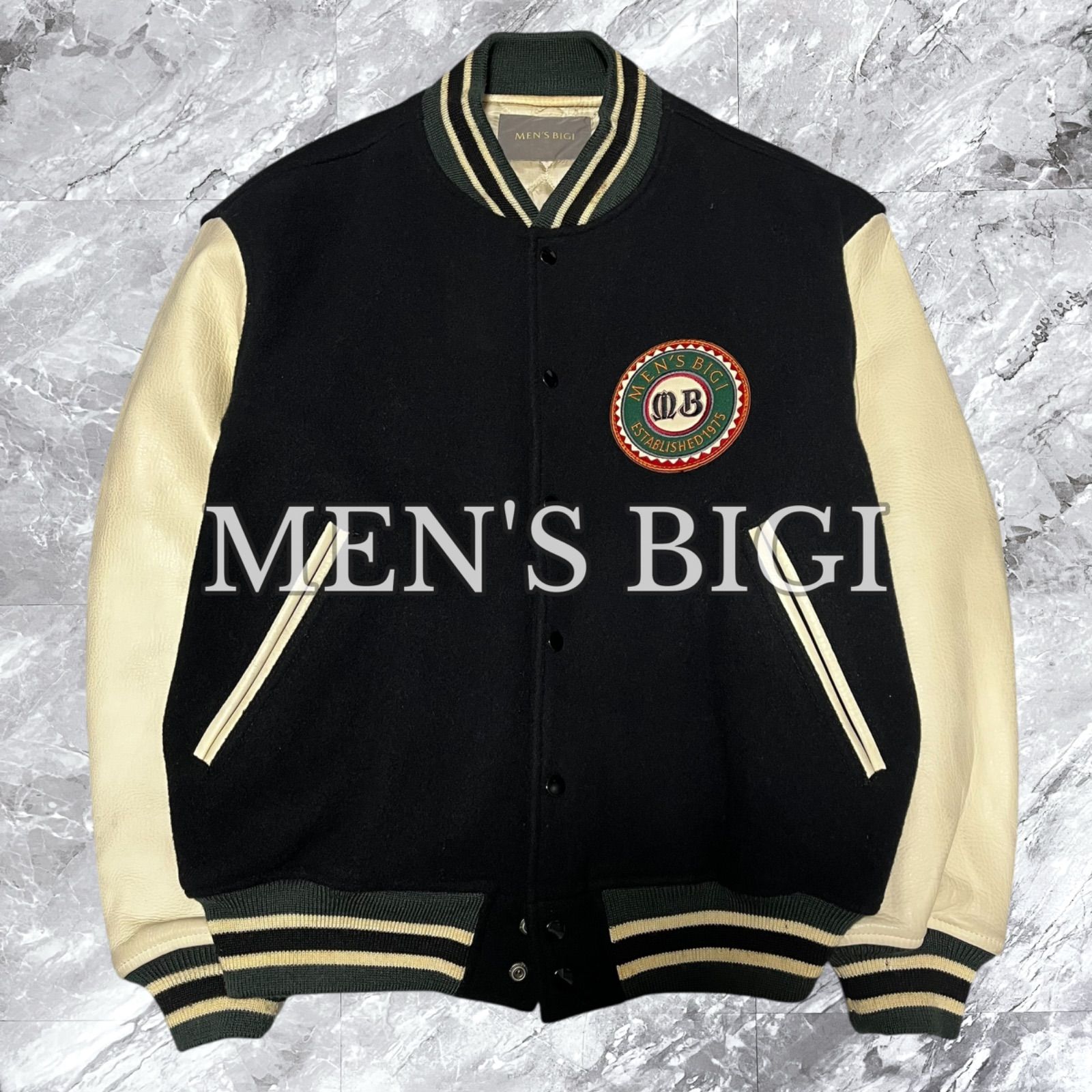 MEN S BIGI メンズビギ スタジャン レザー切り替え 本革 牛革 ウール 刺繍 中綿 キルティング ワッペン ブラック 黒色 アイボリー サイズ48 L相当