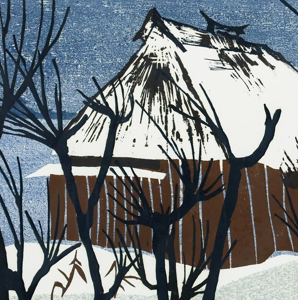 真作】【WISH】高木志朗「雪国の農家」木版画 10号 1977年作 直筆