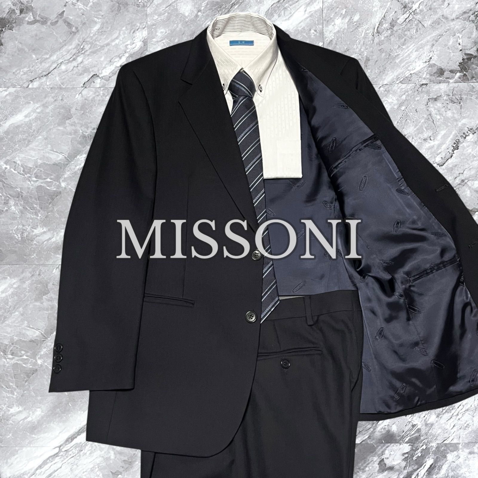 MISSONI ミッソーニ セットアップ スーツ 上下セット ウール ヘリンボーン 2 B 総裏 ノーベント 開き見せ ネイビー 紺色 サイズ46 M相当