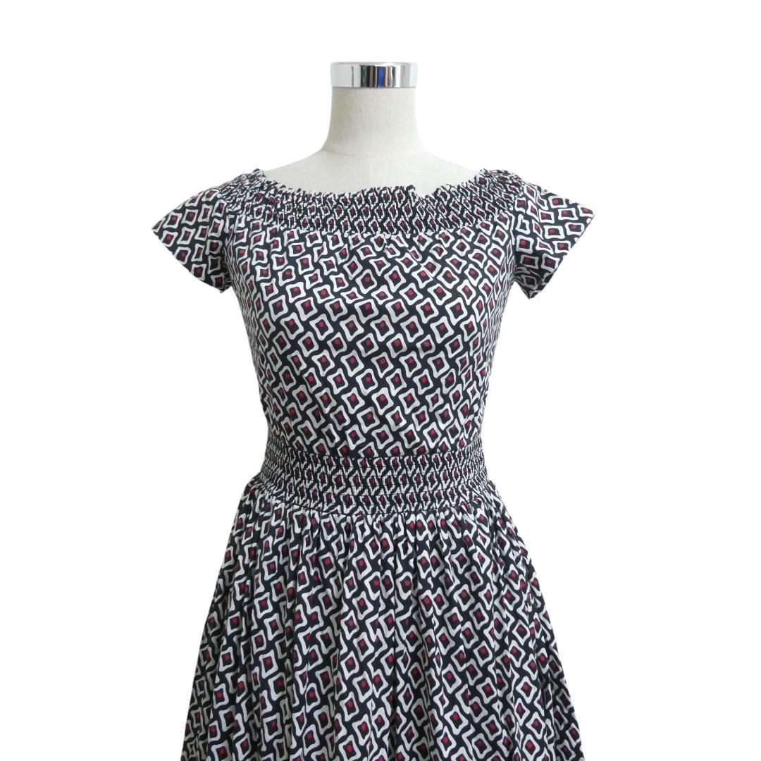 PRADA プラダ 約S～M コットン ストレッチ 幾何学模様 総柄 ギャザー 膝丈 半袖 フ ワンピース ドレス マルチカラー レディース