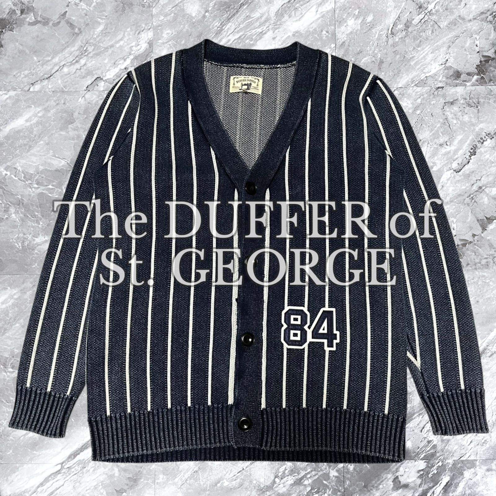 The DUFFER of St GEORGE ザダファーオブセントジョージ カーディガン コットン 綿 ストライプ 刺繍 インディゴ ブルー系 青色系 サイズL