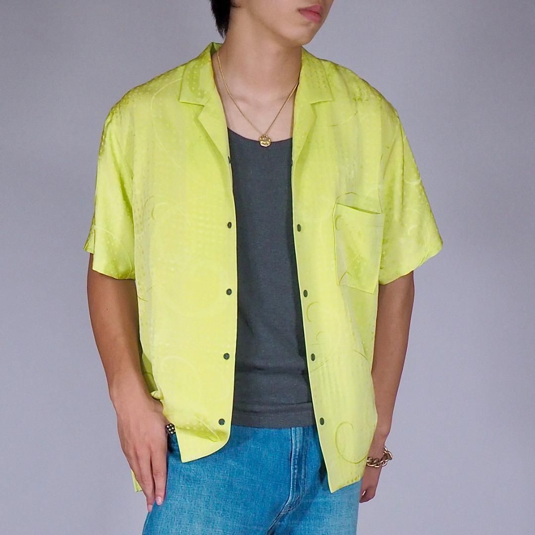 着物リメイク スナップシャツ メンズM スナップボタン オープンカラーシャツ ネオンカラー 蛍光 ヴィンテージ着物 アップサイクル