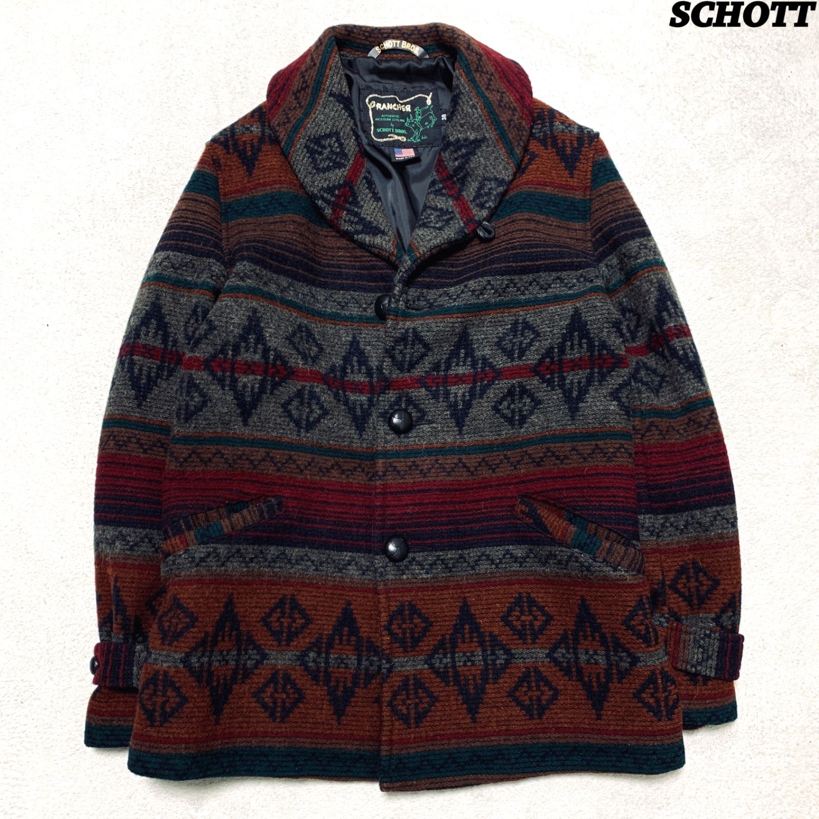SCHOTT アメリカ製 ブランケットコート ウールコート 総柄 ネイティブ柄 チマヨ ショールカラー くるみボタン サイズ38 マルチカラー ショット ウールリッチ