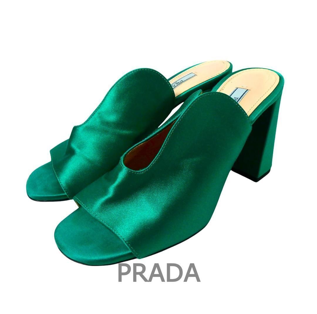 PRADA プラダ サイズ35 約22㎝ サテン オープントゥ ハイヒール チャンキーヒール サンダル ミュール グリーン 緑 レディース