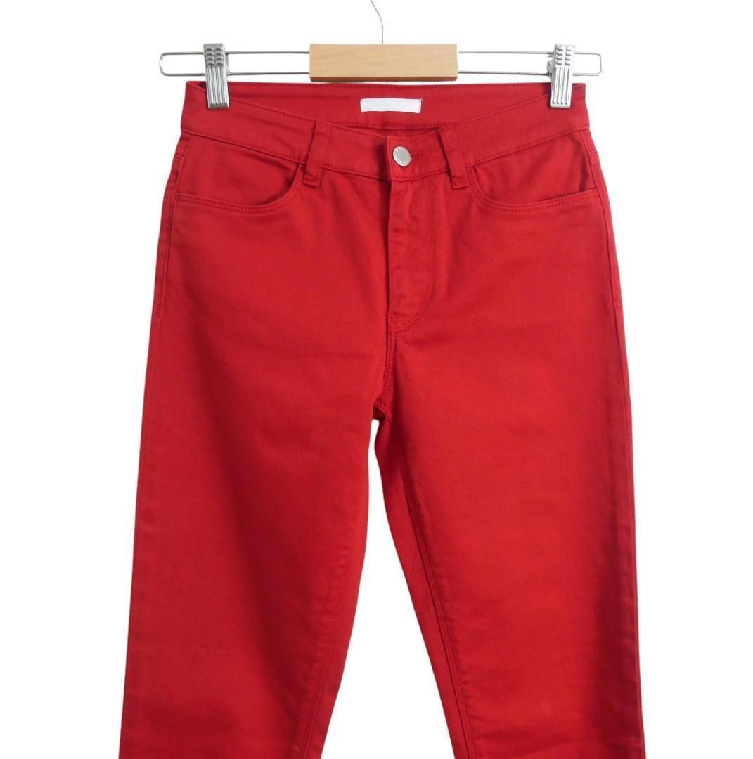 PRADA プラダ W 24 バックロゴ スキニーフィット ストレッチ ジッパーフライ テーパード スキニー デニムパンツ ジーンズ 赤 レッド レディース