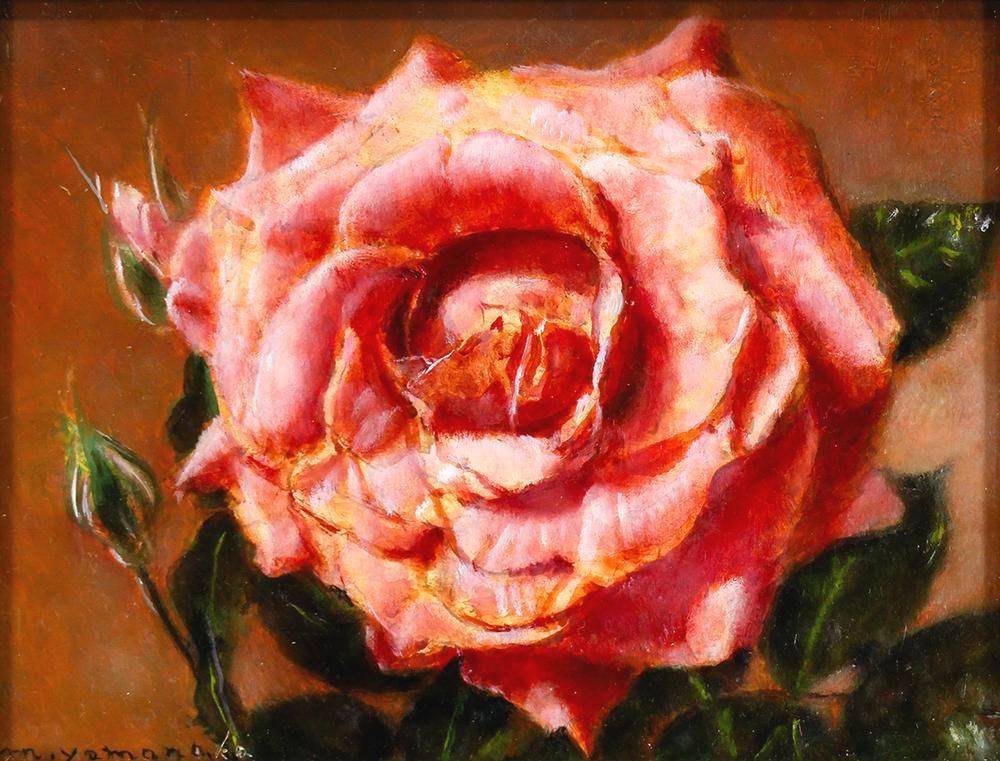 真作】【WISH】山中雅彦「薔薇」板に油彩 0号 ◇一輪に宿る薔薇の気品