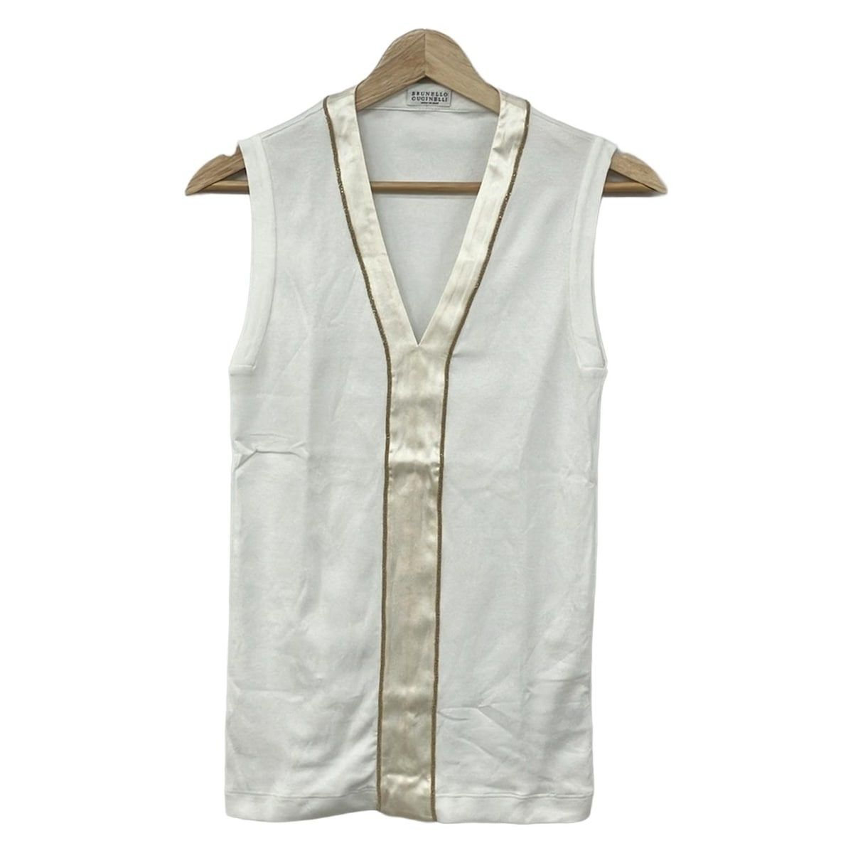 BRUNELLO CUCINELLI ブルネロクチネリ ノースリーブカットソー サイズXS レディース 白 アイボリー Vネック シルク切替 ビーズ