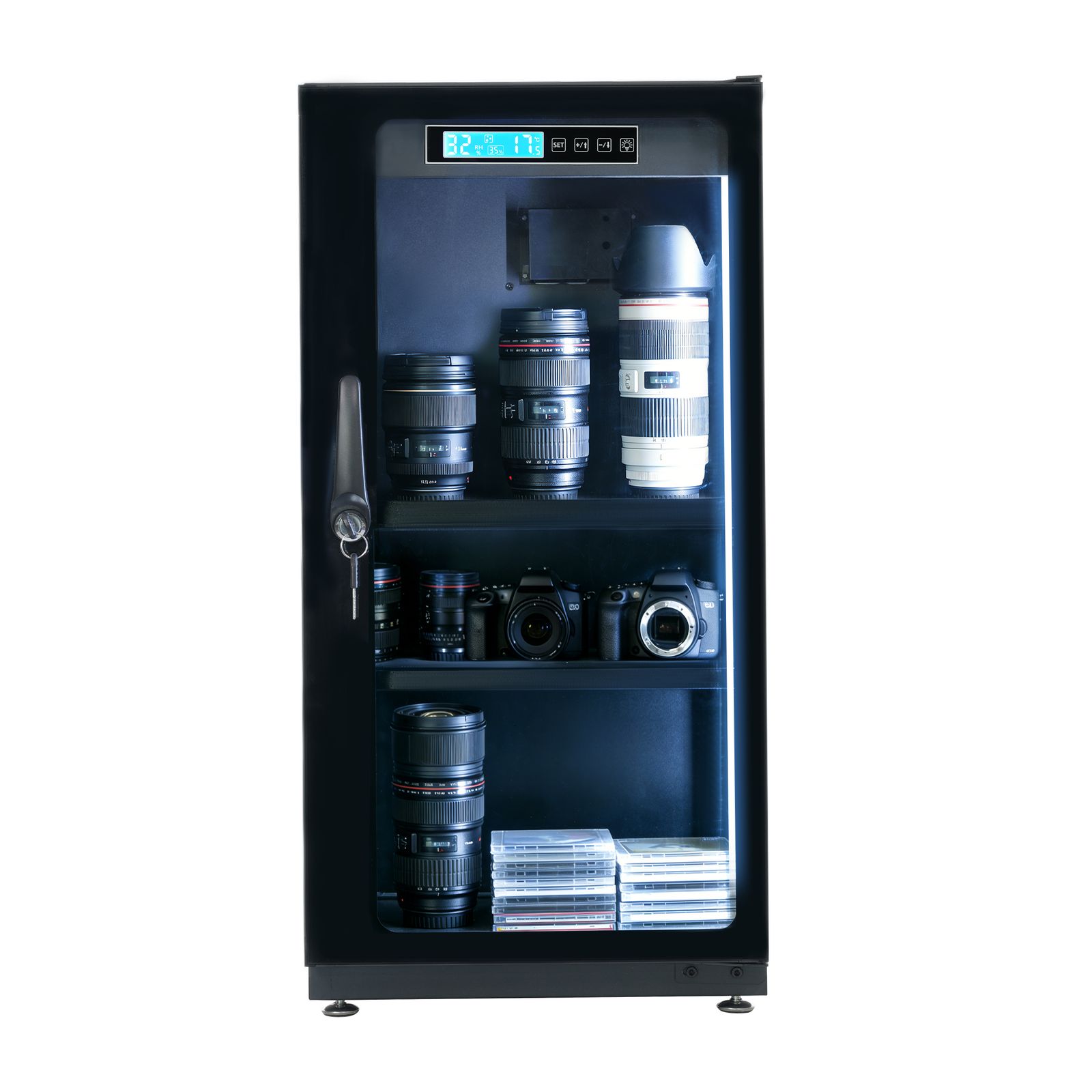 防湿庫 容量65 L ブラックドライボックス 自動除湿 カビ対策 静音 鍵付き LED照明内蔵 タッチボタン ECO省エネ デジタル温度湿度表示 カメラやレンズ収納ケース 防湿ケース ブラック