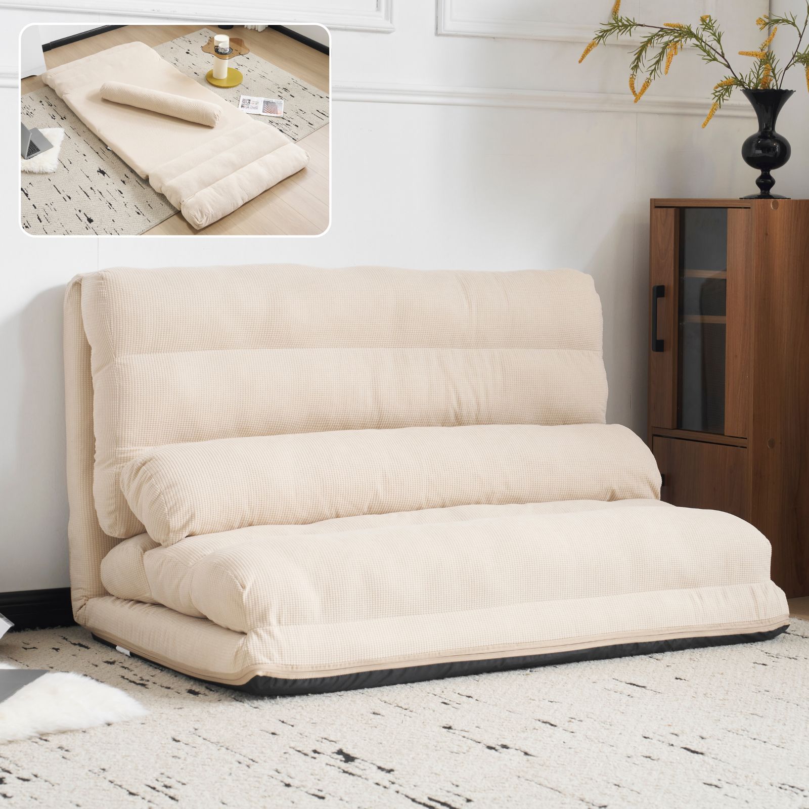 ソファーベッド ローソファ 2人掛け マルチに使える3 WAY 幅108 cm 6段階リクライニング クッション付き 座椅子 1人掛け 折り畳み コンパクト 圧力分散 おしゃれ 完成品 組立て不要 枕付き アイボリー